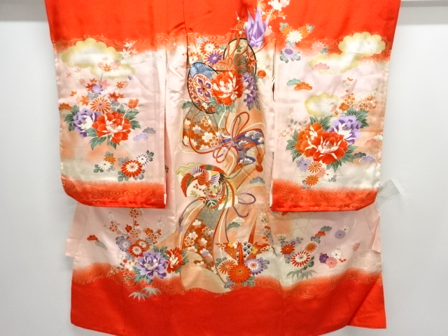 アンティーク　鼓に折り鶴模様着物（長襦袢・内袖付き）